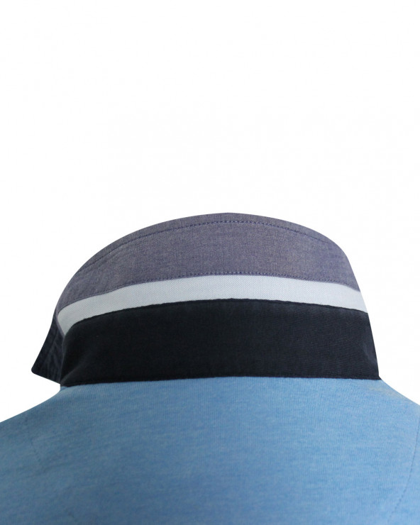 Application de tissus gris foncé et bleu marine l'exterieur du col du polo Griff Otago ciel chiné pour homme