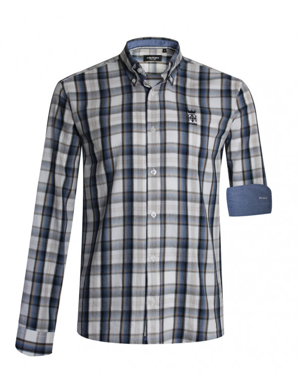 Chemise manches longues 126 Otago rugby à carreaux bleu écru homme