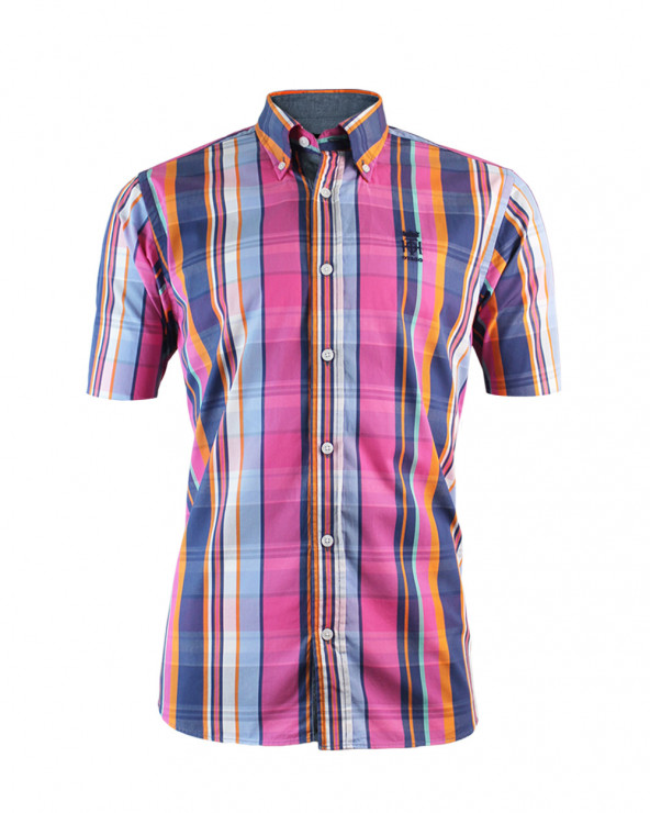 Chemise Tang manches courtes Otago fushia à carreaux homme