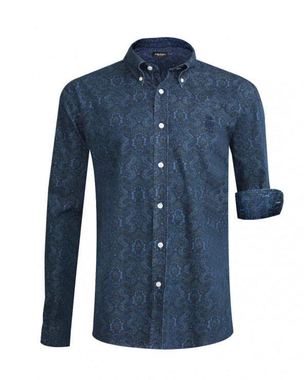 Chemise manches longues CHAMBRAY MADRAS Otago rugby bleu jean homme