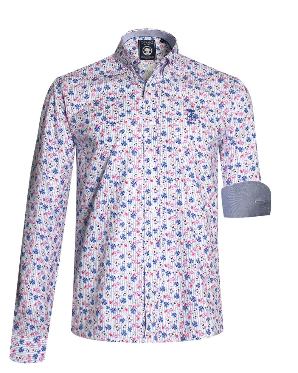 Chemise manches longues 231 Otago blanche rayée ciel à motifs pour homme