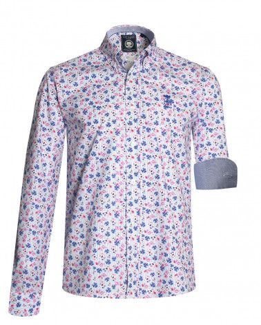 Chemise manches longues 231 Otago blanche rayée ciel à motifs pour homme