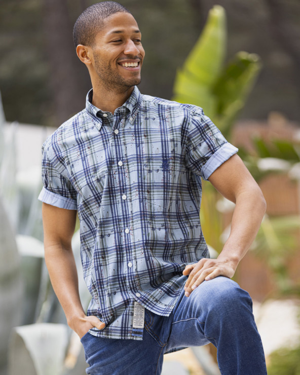 Chemise manches courtes 136 Otago rugby bleue à carreaux pour homme