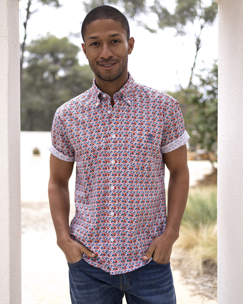 Chemise manches courtes 130 Otago rugby rouge et bleu à motifs pour homme