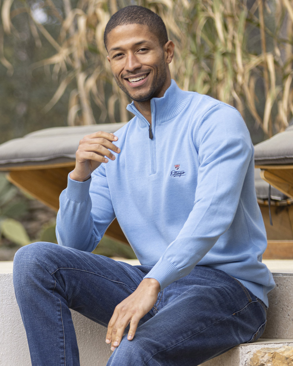 Pull Bologne col 1/2 zip bleu ciel Otago rugby pour homme