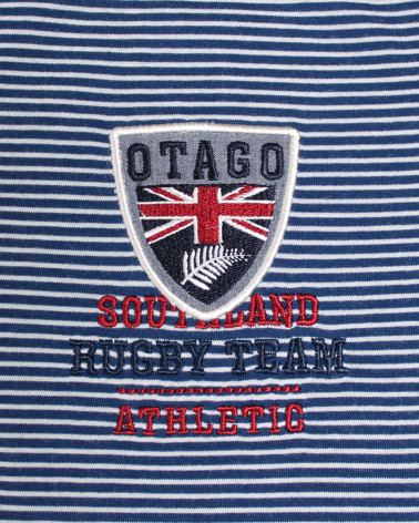 Broderie côté coeur du polo Artax Otago rayé bleu ciel pour homme