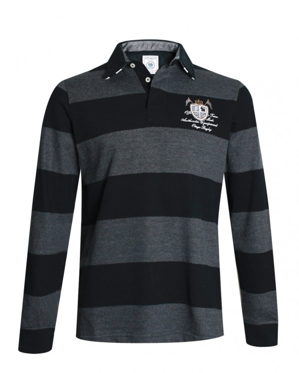 Polo manches longues RACING Otago rugby rayé noir et gris pour Homme