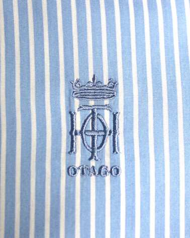 Broderie côté coeur de la chemise Buzy Otago rugby rayé indigo homme