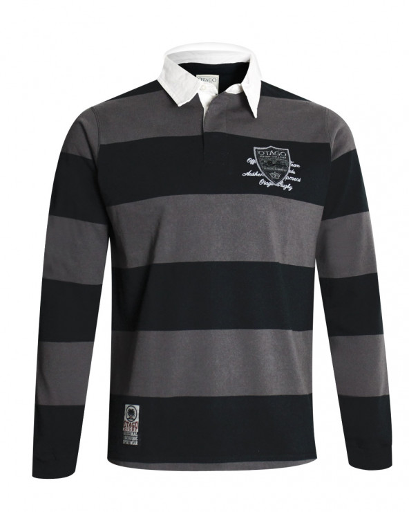 Polo manches longues HUNYVICTOR Otago rugby rayé noir gris pour homme