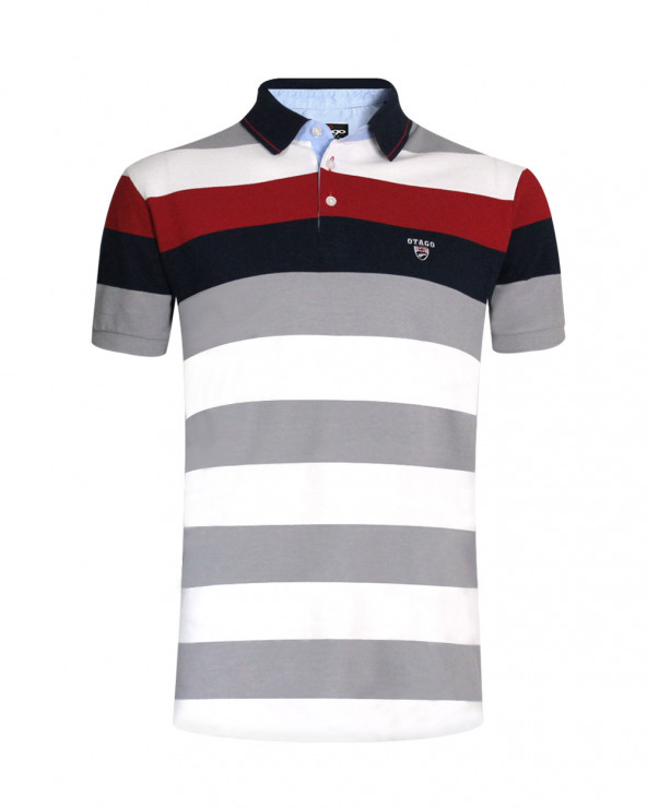 Polo 24PO4 manches courtes Otago rugby rayé blanc et gris marine et bordeaux pour homme