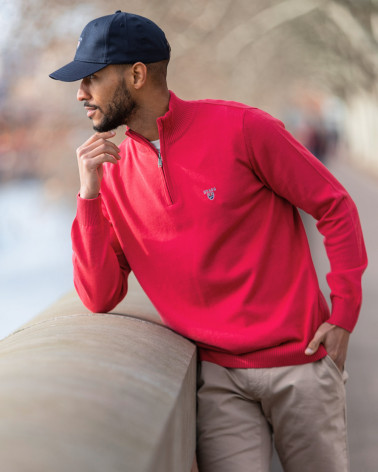 Pull col zip homme CARBUN Otago marsala porté