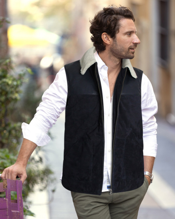 Look avec le Blouson cuir Lucky Otago rugby sans manche bleu marine pour homme