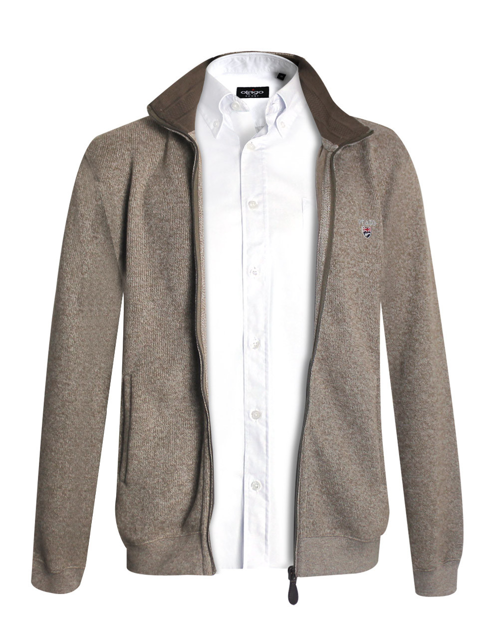 tenue avec le Sweat zip 25SW7 Otago rugby beige pour homme et une chemise blanche