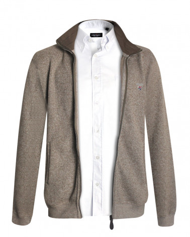 tenue avec le Sweat zip 25SW7 Otago rugby beige pour homme et une chemise blanche