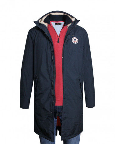 Doudoune homme Limbo Otago rugby avec capuche bleu marine avec un sweat corail