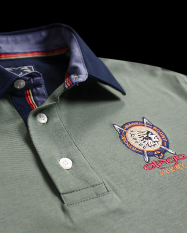 détail du col Polo homme manches longues Yaka Otago rugby kaki