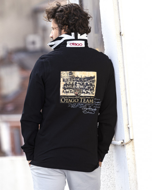 modèle du Polo Marco-Team manches longues Otago rugby noir pour homme