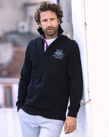 modèle de face du Polo Marco-Team manches longues Otago rugby noir pour homme