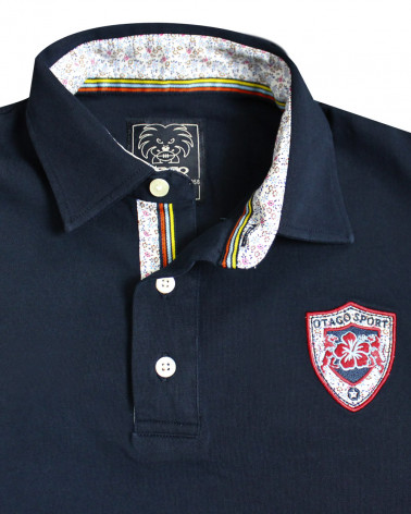 détail du col du Polo homme manches longues TAGO Otago rugby marine
