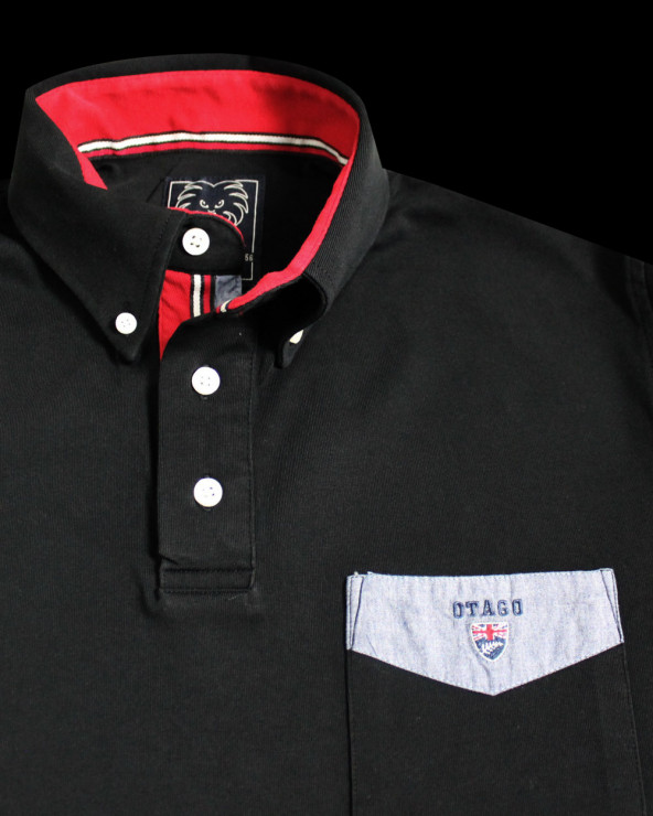 détail du col du Polo noir homme manches longues Otabasic Otago rugby