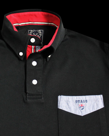 détail du col du Polo noir homme manches longues Otabasic Otago rugby