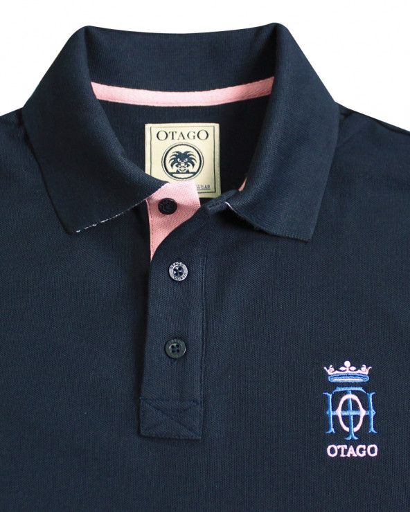 détail broderie cœur du Polo manches courtes bleu marine pour homme Bota Otago rugby