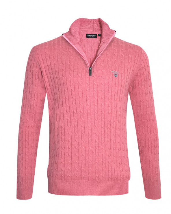 face du Pull torsade col zip homme CARSADE Otago rose