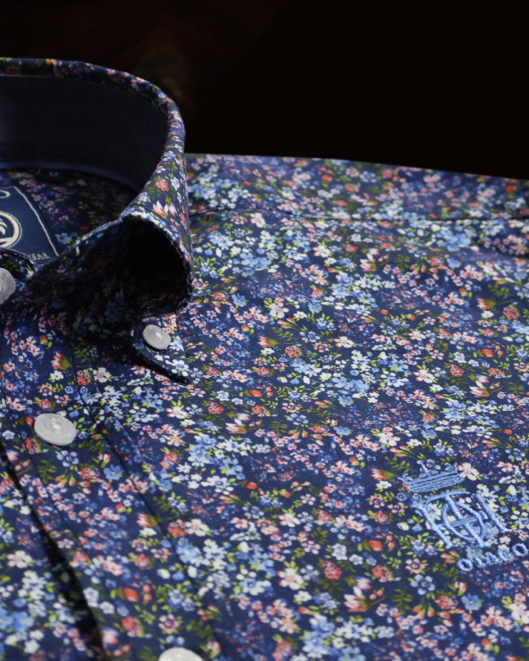 col de la Chemise manches longues pour homme 286 Otago bleu marine à motifs