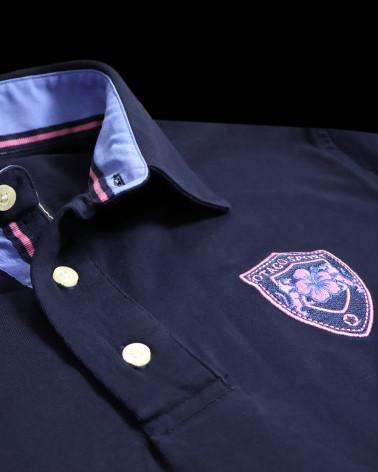 détail du col du Polo manches courtes Biarco Otago rugby bleu marine pour homme