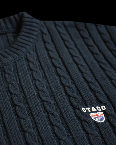 broderie du Pull torsade col rond TREVIBO OTAGO Rugby bleu marine pour homme