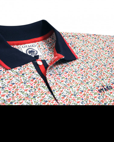 détail du col du Polo manches courtes Liflor Otago rugby blanc marine à motifs pour homme