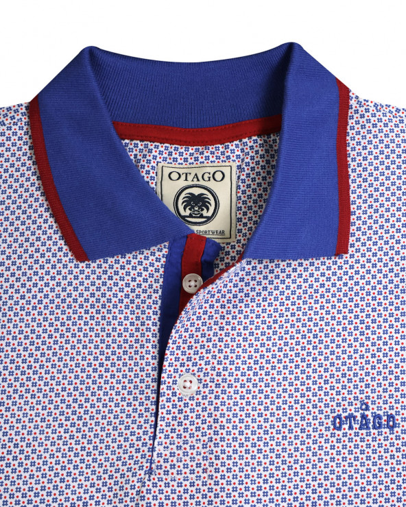 col et broderie du Polo manches courtes Liluna Otago rugby bleu et rouge à motifs pour homme