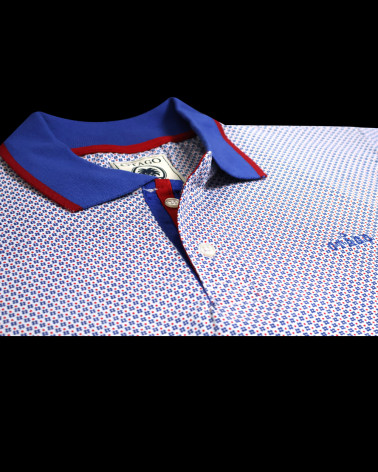 détail du col du Polo manches courtes Liluna Otago rugby bleu et rouge à motifs pour homme