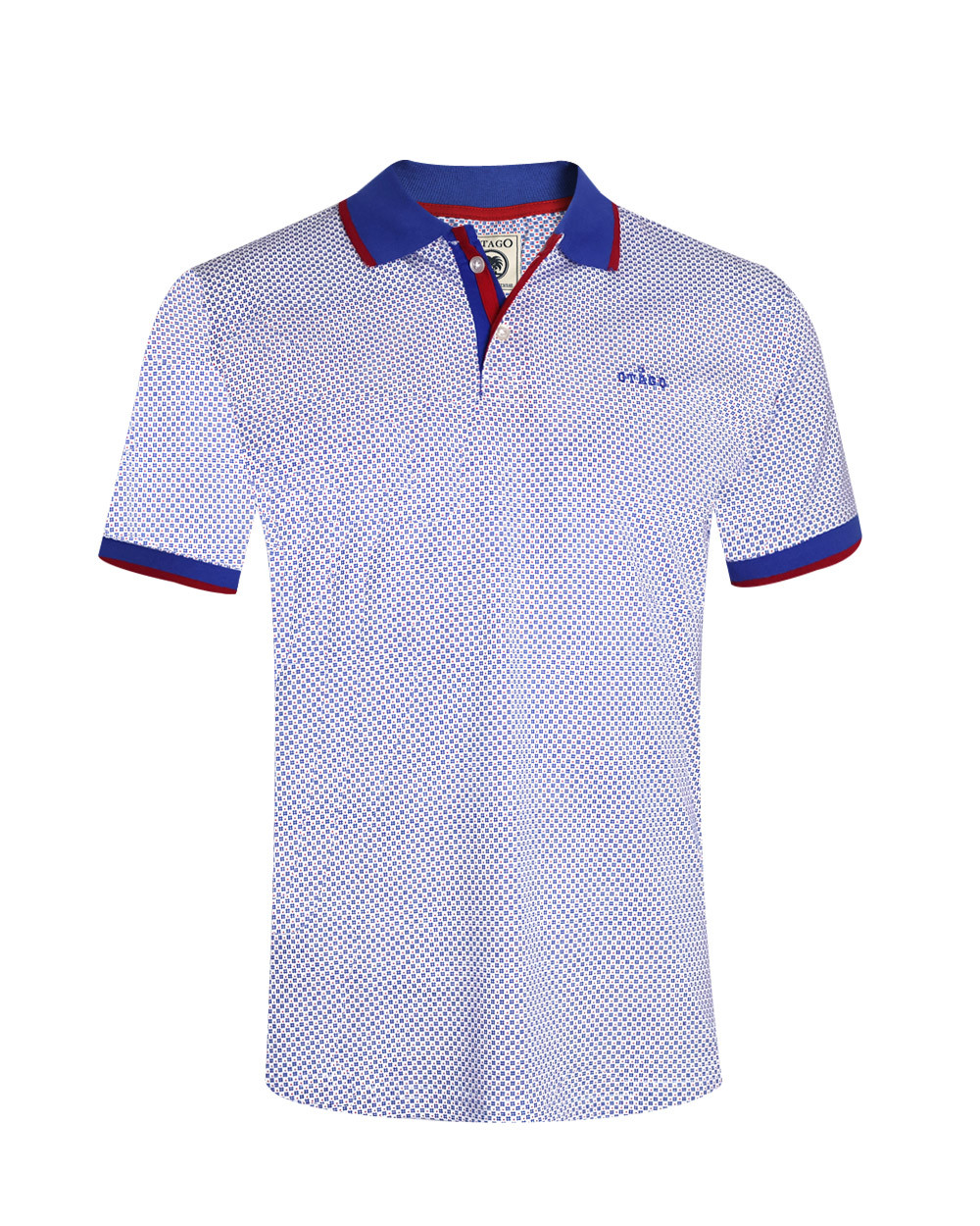 face du Polo manches courtes Liluna Otago rugby bleu et rouge à motifs pour homme