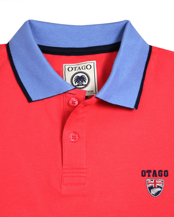 détail de col du Polo manches courtes Lorenzo Otago rugby corail pour homme