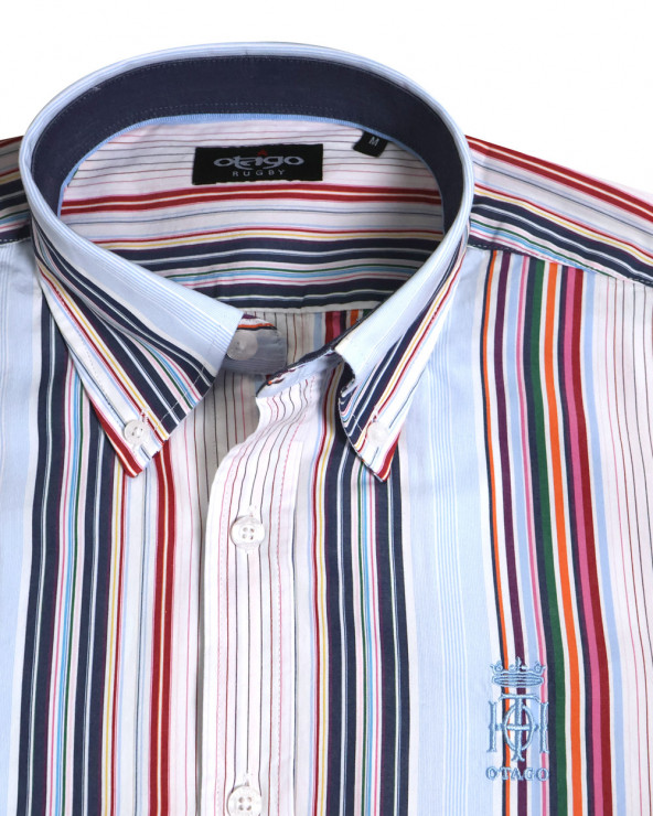 détail du col de la Chemise manches longues pour homme 290 Otago rayée bleu ciel