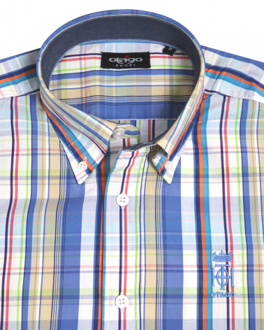 col et broderie de la Chemise manches longues pour homme 288 Otago bleue à carreaux