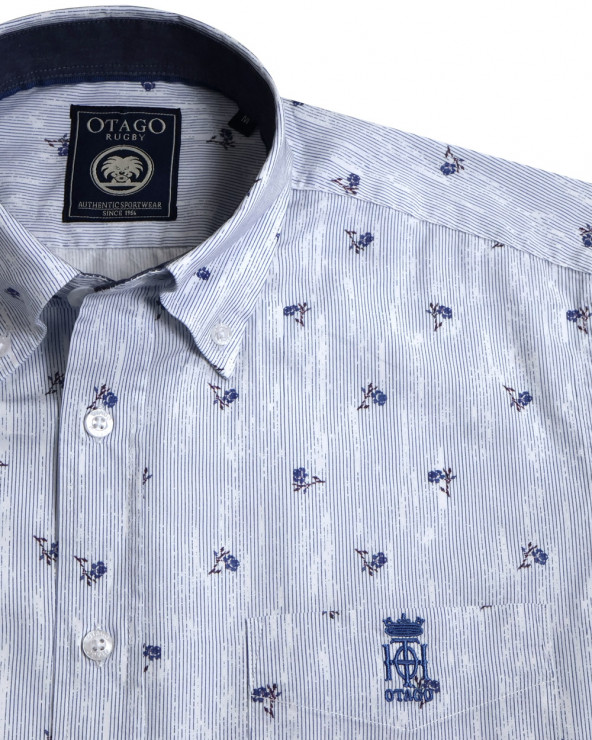 col de la Chemise manches courtes 155 Otago rugby rayée bleu marine à motifs pour homme