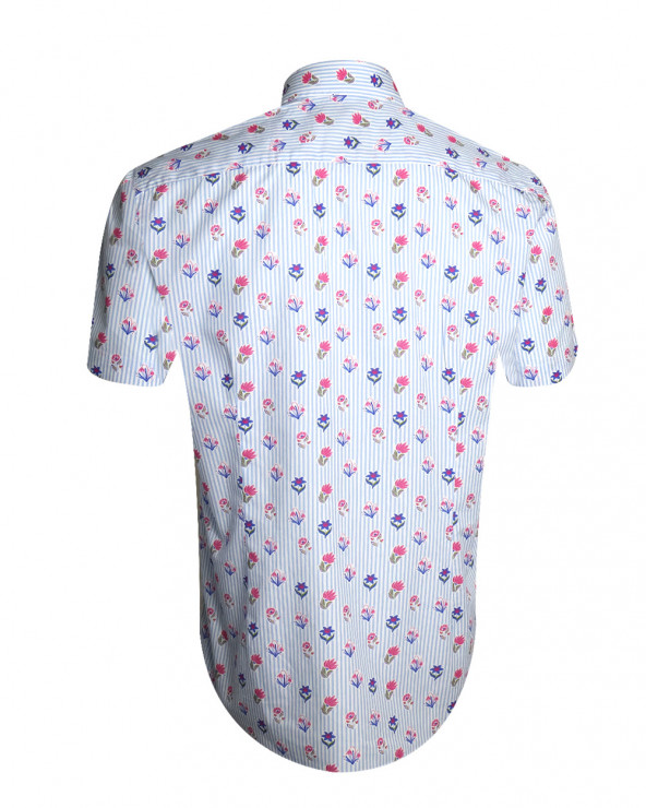 dos de la Chemise manches courtes 159 Otago rugby rayée bleu ciel à motifs fleuris pour homme