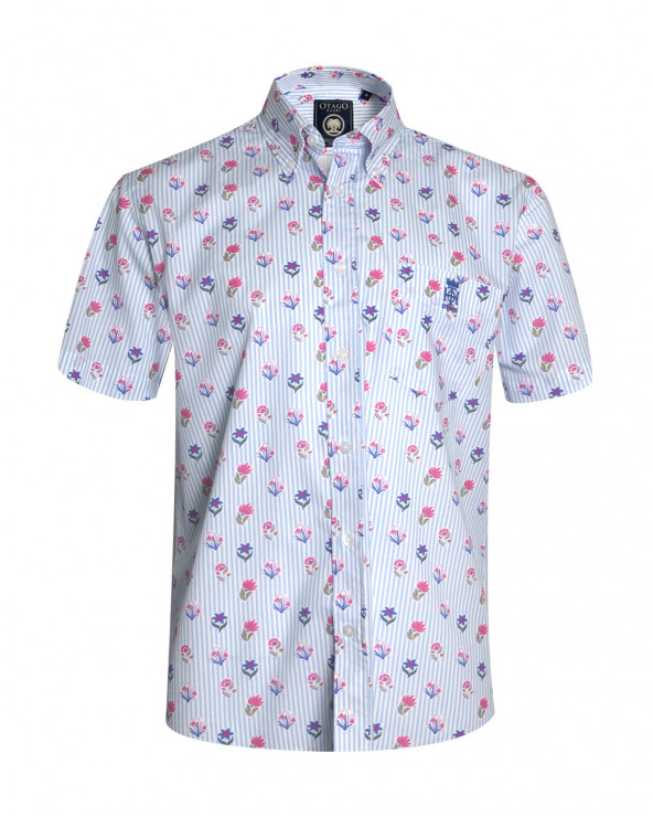face de la Chemise manches courtes 159 Otago rugby rayée bleu ciel à motifs fleuris pour homme