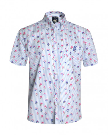 face de la Chemise manches courtes 159 Otago rugby rayée bleu ciel à motifs fleuris pour homme