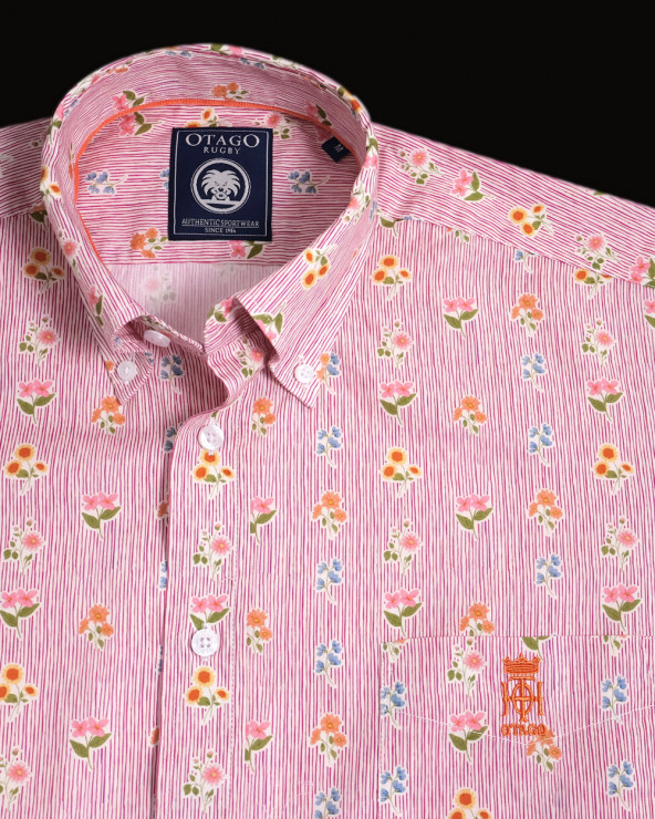 col de la Chemise manches courtes 156 Otago rugby rayée rose à motifs fleuris pour homme