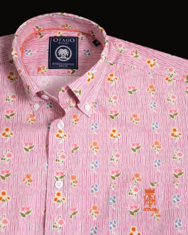 col de la Chemise manches courtes 156 Otago rugby rayée rose à motifs fleuris pour homme