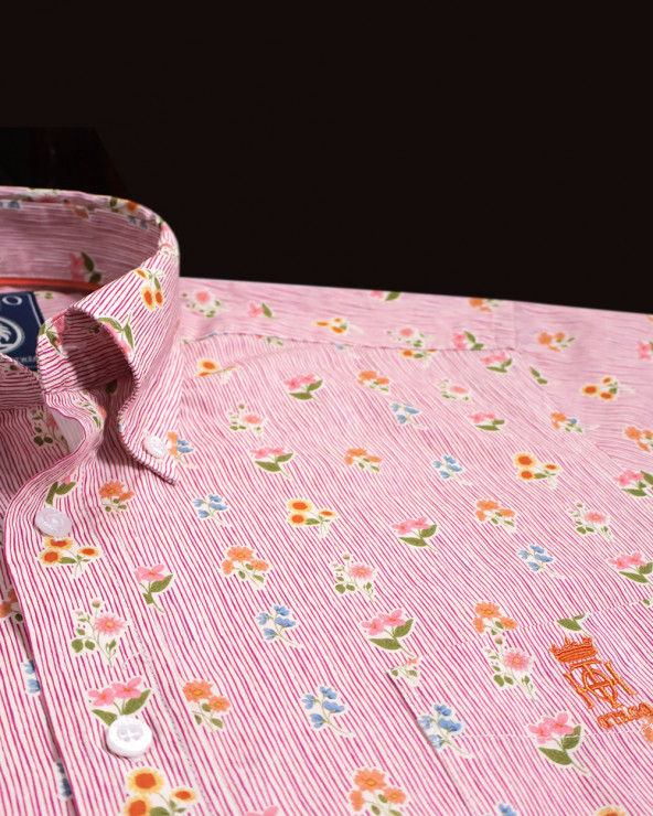 broderie de la Chemise manches courtes 156 Otago rugby rayée rose à motifs fleuris pour homme