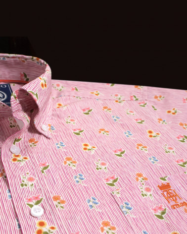 broderie de la Chemise manches courtes 156 Otago rugby rayée rose à motifs fleuris pour homme