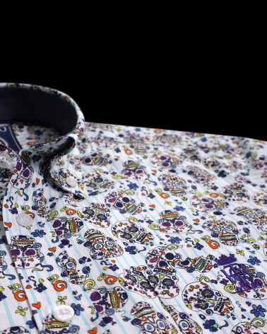 col de la Chemise manches courtes 161 Otago rugby rayée bleu ciel à motifs pour homme