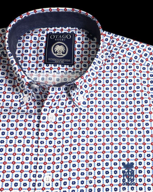 col de la Chemise manches courtes 162 Otago rugby à motifs bleu rouge pour homme