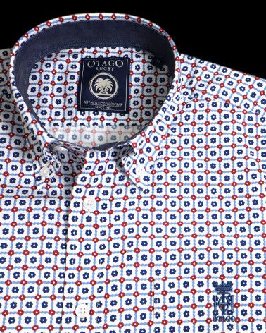 col de la Chemise manches courtes 162 Otago rugby à motifs bleu rouge pour homme