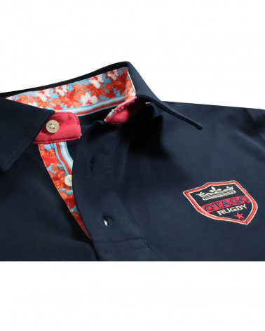 détail col du Polo manches courtes Crosslion Otago rugby bleu marine pour homme