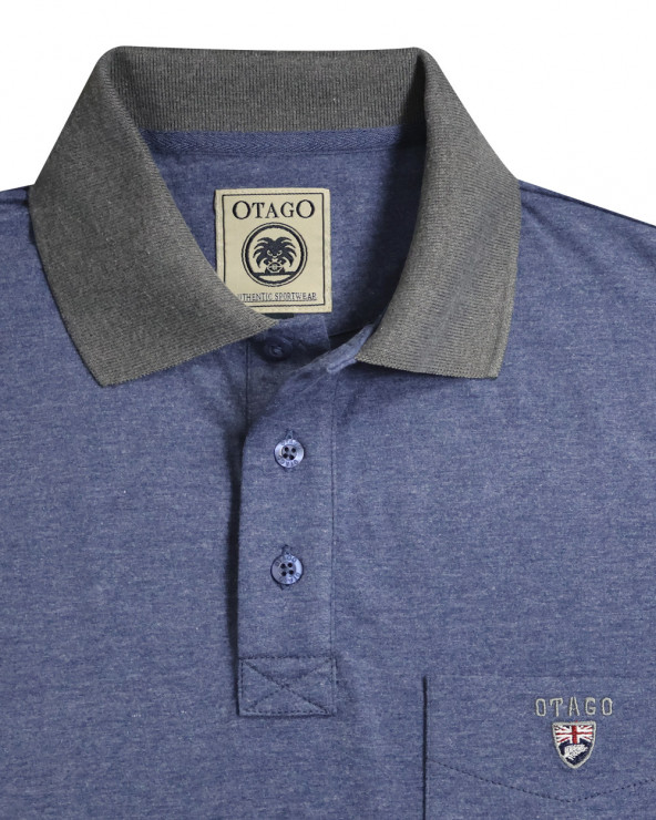 col et broderie du Polo manches courtes Buenys OTAGO rugby bleu marine chiné denim pour homme
